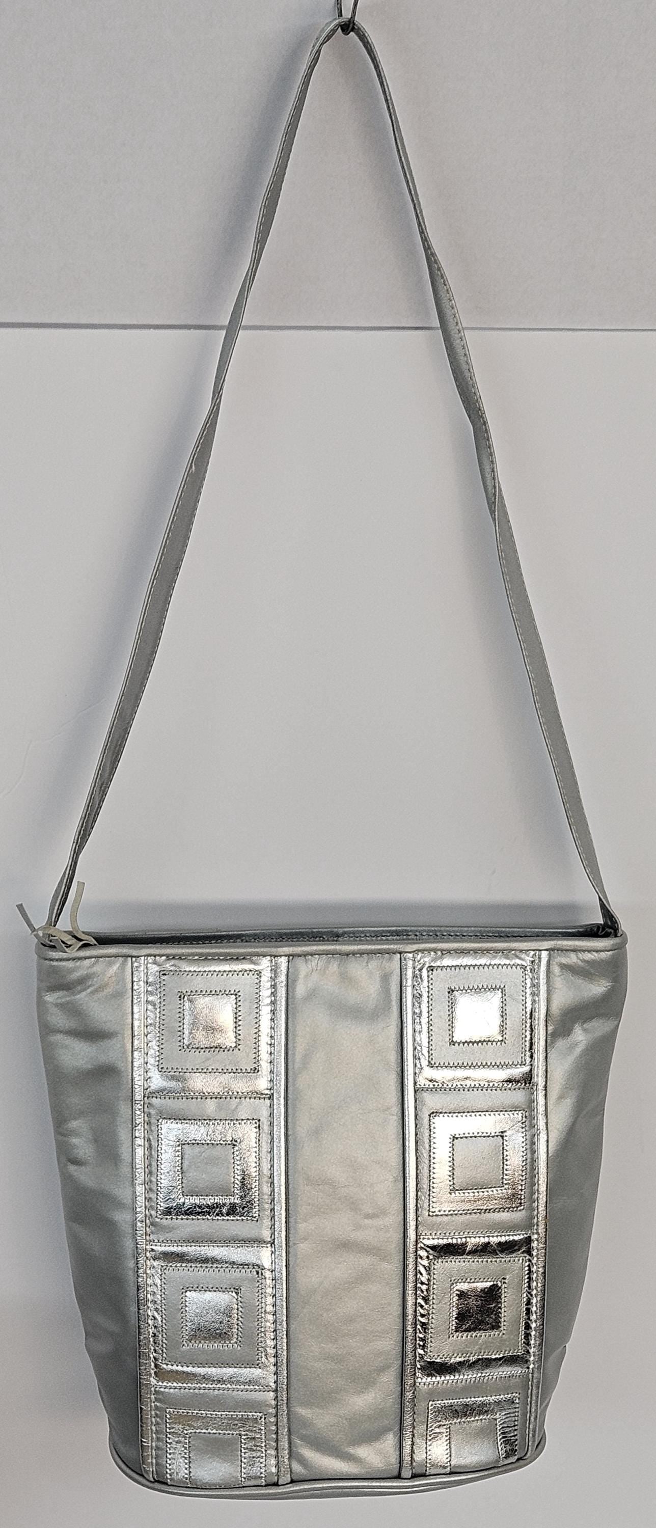 Grey with Silver Shining Zigzag strip Genuine Leather Handbag for women Universal Use.#TR2022sq-grey/silver.Made in USA!