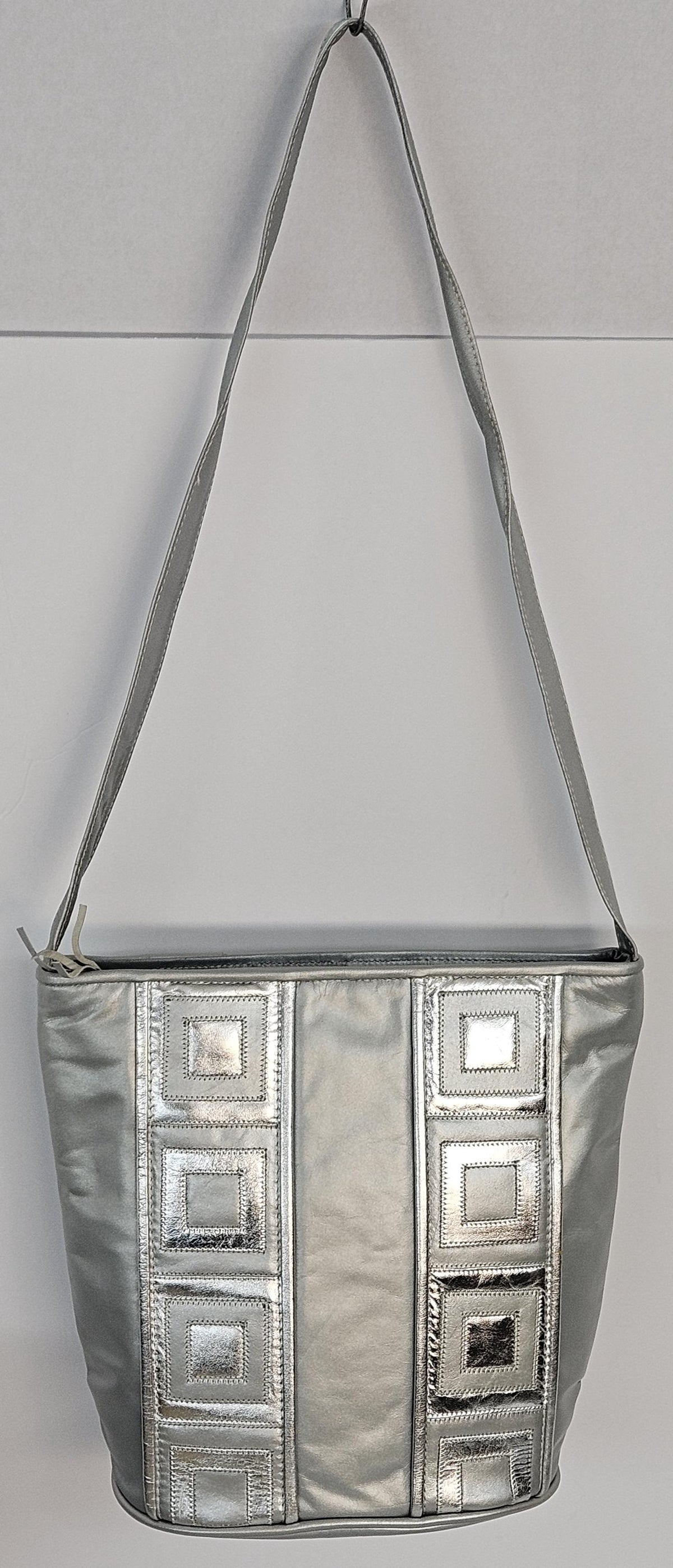 Grey Leather Handbag with Silver Zigzag - Made in USA