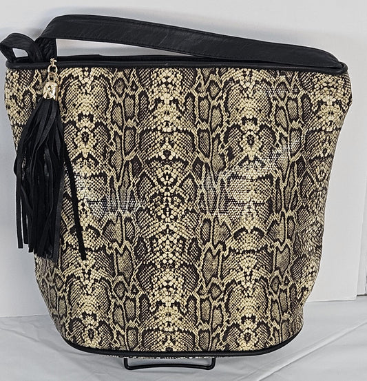 Brown Febric with black Genuine Leather Handbag.#TR2022brbk.Made in USA!