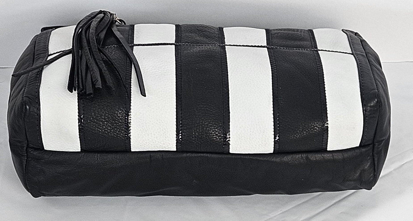Black and white Stripe Zigzag stich Genuine Leather Handbag #TR2018BWZigzag.Made in USA.