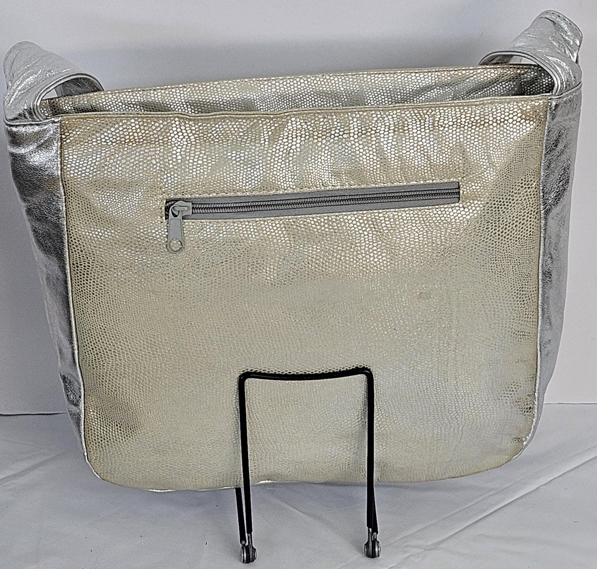 Metallic Silver Leather Handbag: Gold Accents, Made in USA