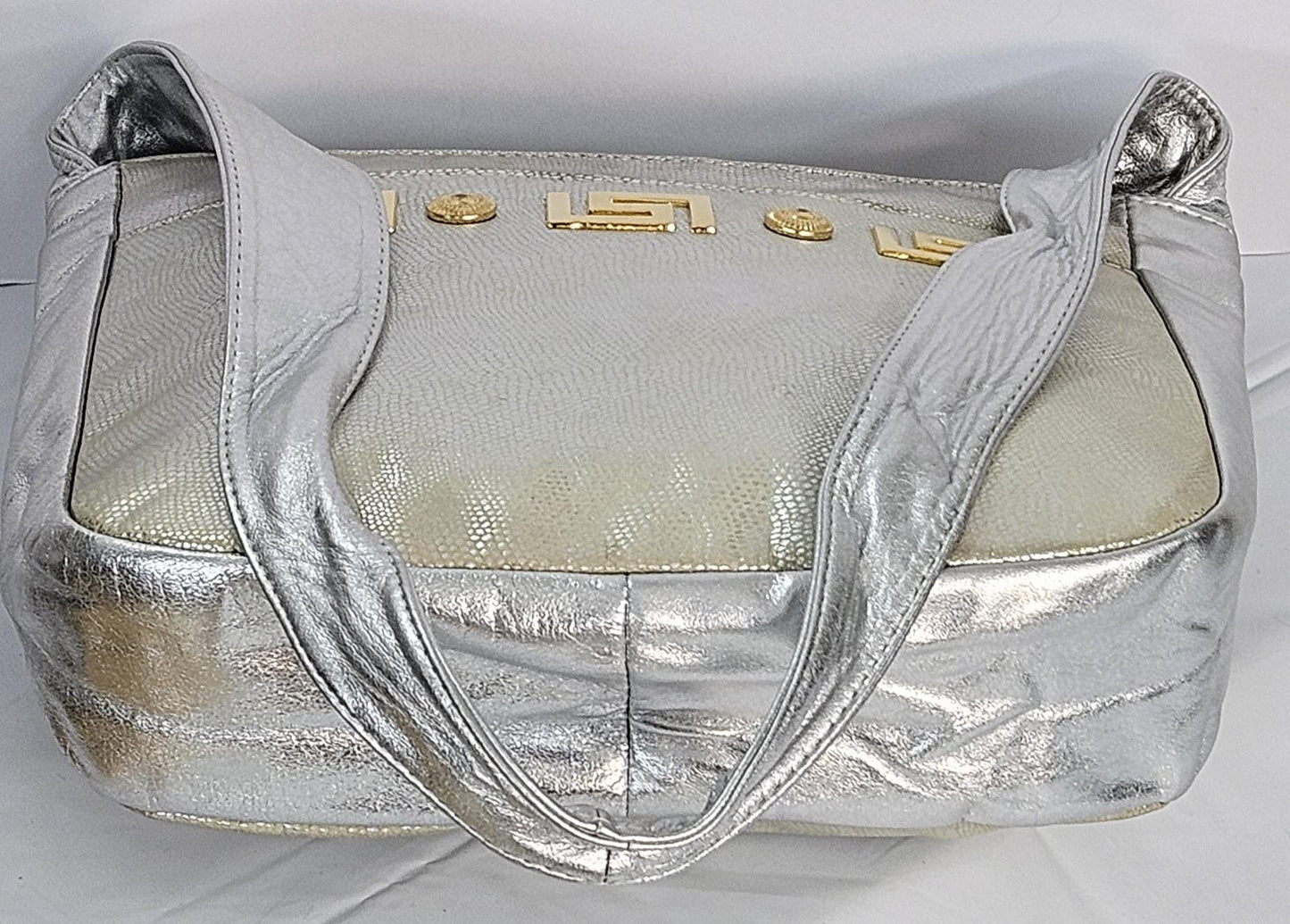 Silver metallic with silver with gold matel Z &buttons Leather Handbag!Made in USA.#Tr8003Smwgb.