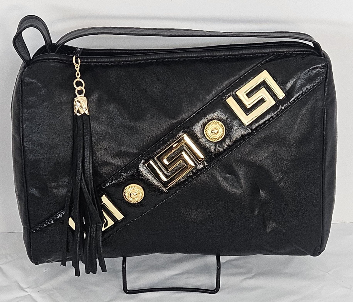 Black with black Patton design with gold matel Z&buttons. Genuine Leather Handbag #TR3018Bk-pgzb.Made in USA.