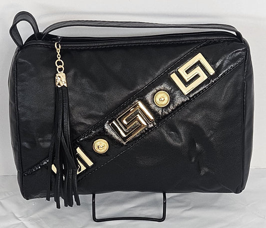 Black with black Patton design with gold matel Z&buttons. Genuine Leather Handbag #TR3018Bk-pgzb.Made in USA.