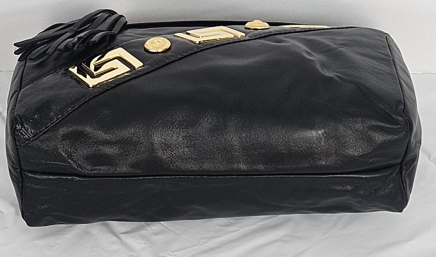 Black with black Patton design with gold matel Z&buttons. Genuine Leather Handbag #TR3018Bk-pgzb.Made in USA.