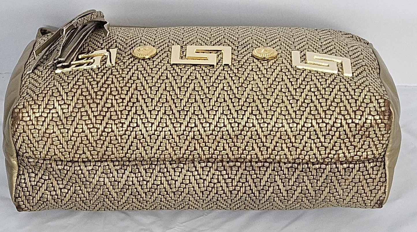Gold mate with gold mate Print, gold matel Z&buttons design on Genuine Leather Handbag #TR2018Gm-gmzb.Made in USA.