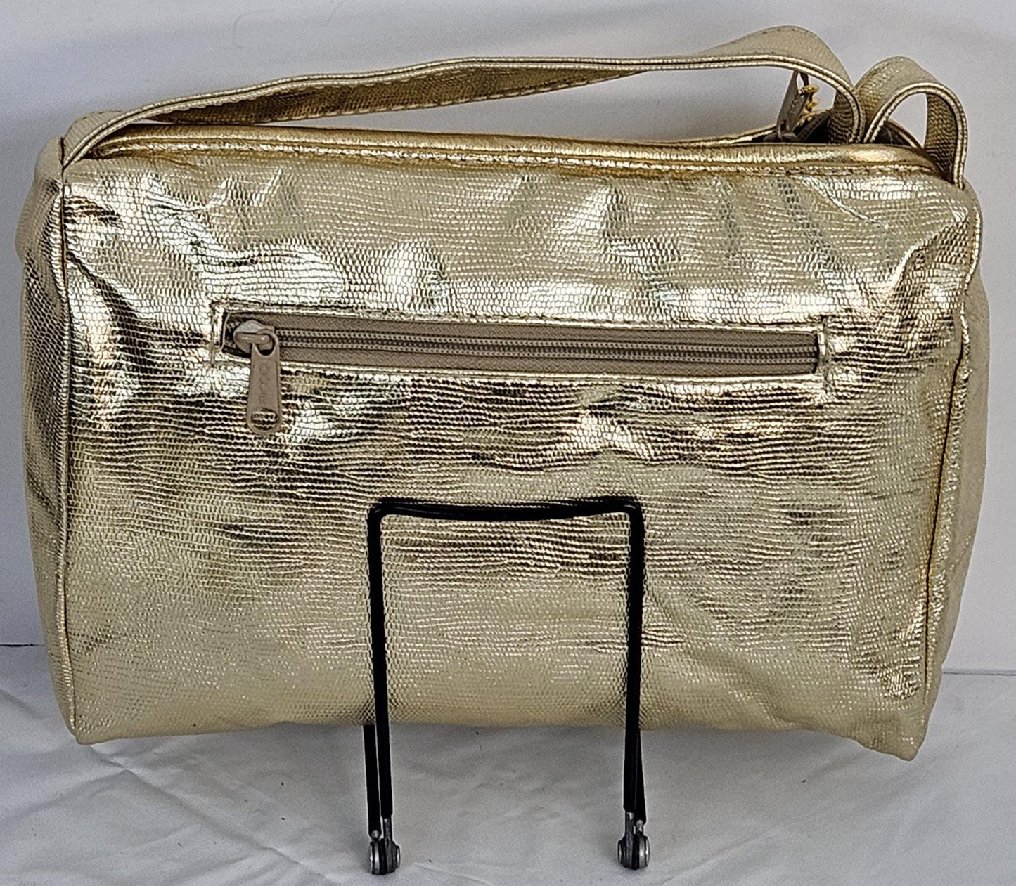Gold metallic print, gold matel Z&buttons design on Genuine Leather Handbag #TR2018GP-gmzb.Made in USA.
