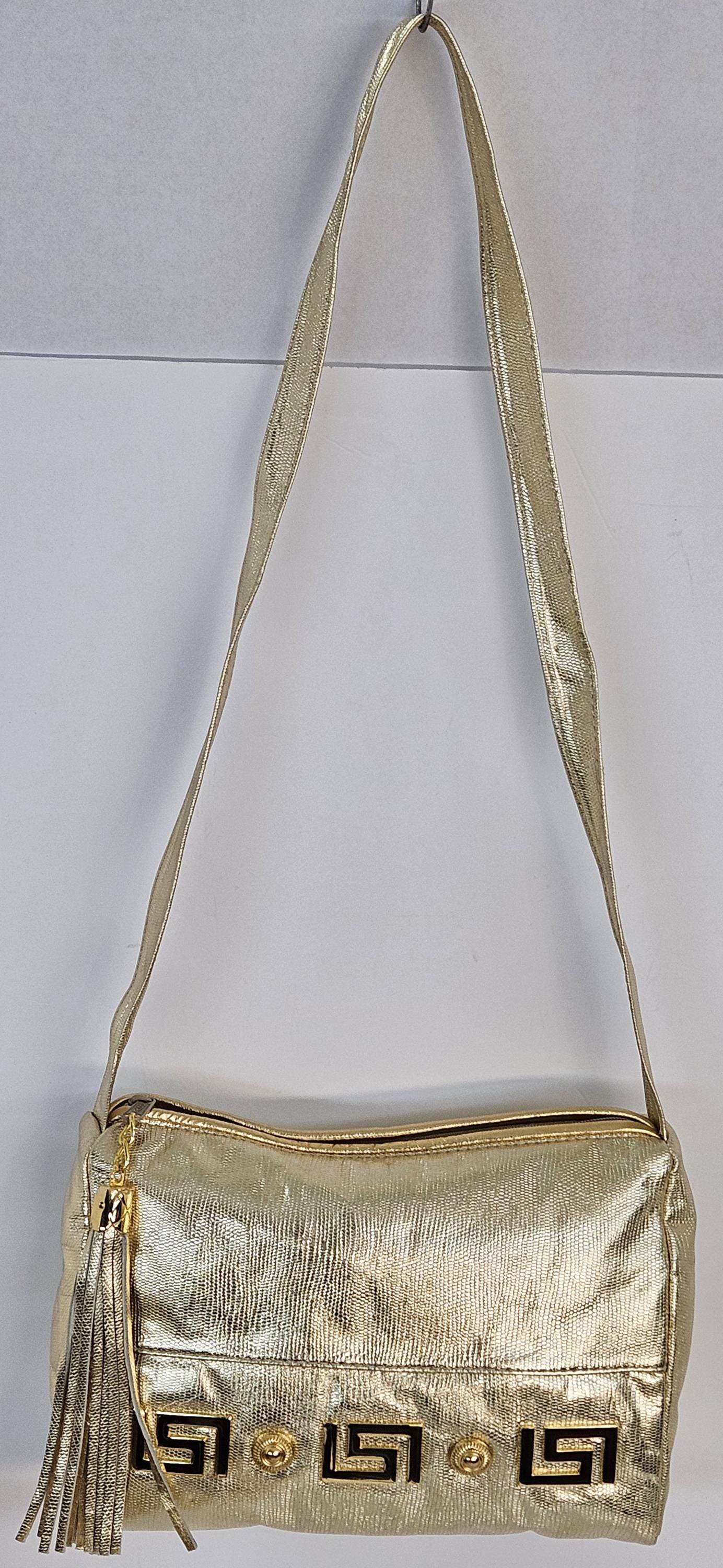 Gold metallic print, gold matel Z&buttons design on Genuine Leather Handbag #TR2018GP-gmzb.Made in USA.