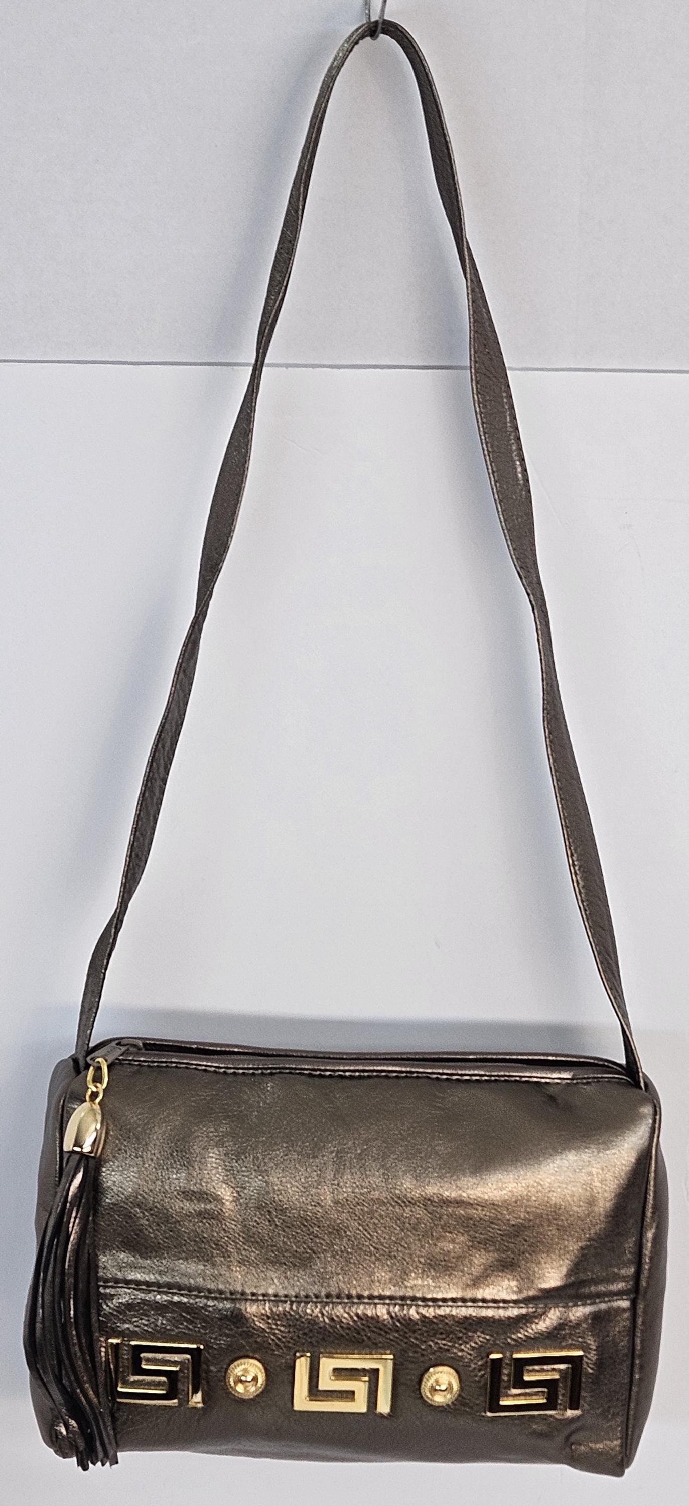 Pewter Shining Genuine Leather Handbag  gold matel Z&buttons design#TR2018P1-gmzb.Made in USA.