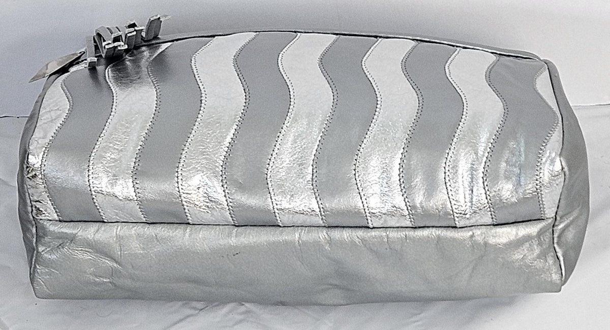 Grey Italian Leather Handbag: Silver Zigzag Crossbody Purse
