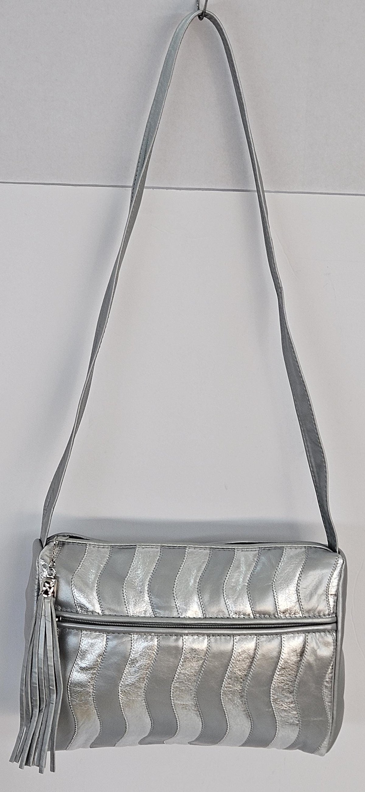Grey Italian Leather Handbag: Silver Zigzag Crossbody Purse