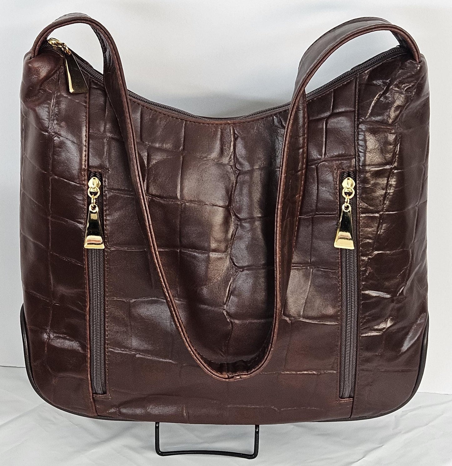 Brown wine print Genuine Leather Handbag! Item#Tr8007OstrichPrint. Made in USA!