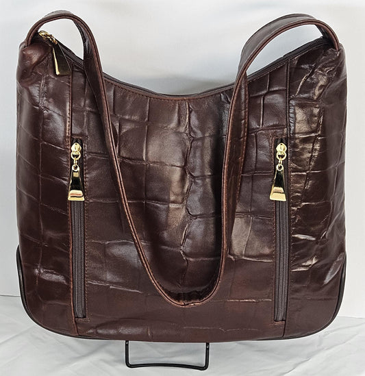 Brown wine print Genuine Leather Handbag! Item#Tr8007OstrichPrint. Made in USA!