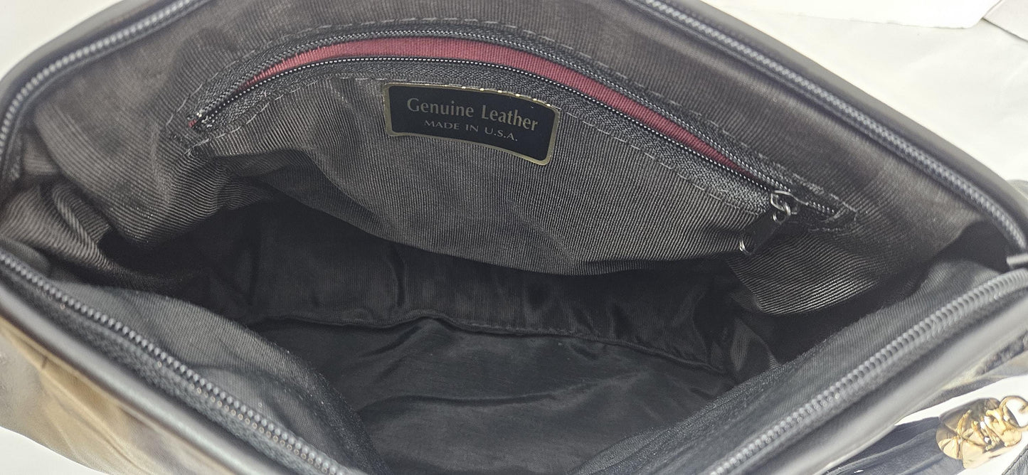 Black with black Patton design with gold matel Z&buttons. Genuine Leather Handbag #TR3018Bk-pgzb.Made in USA.