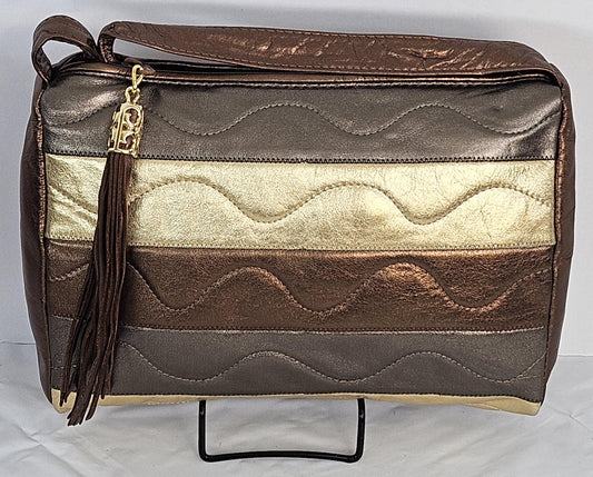 Bronze,pewter,gold metallic 3tone stich Design Genuine Leather Handbag #TR2018BPG-3t.Made in USA.