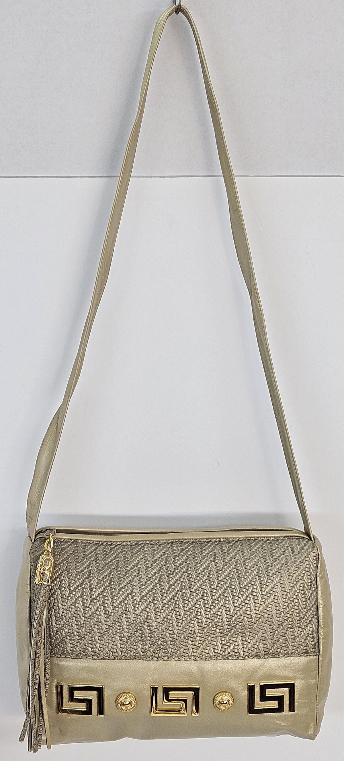 Champagne Print Genuine Leather Handbag: Gold Accents, Made in USA