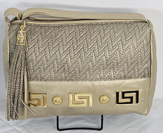 Champagne with Champagne Print, gold matel Z&buttons design on Genuine Leather Handbag #TR2018CP-gmzb.Made in USA.