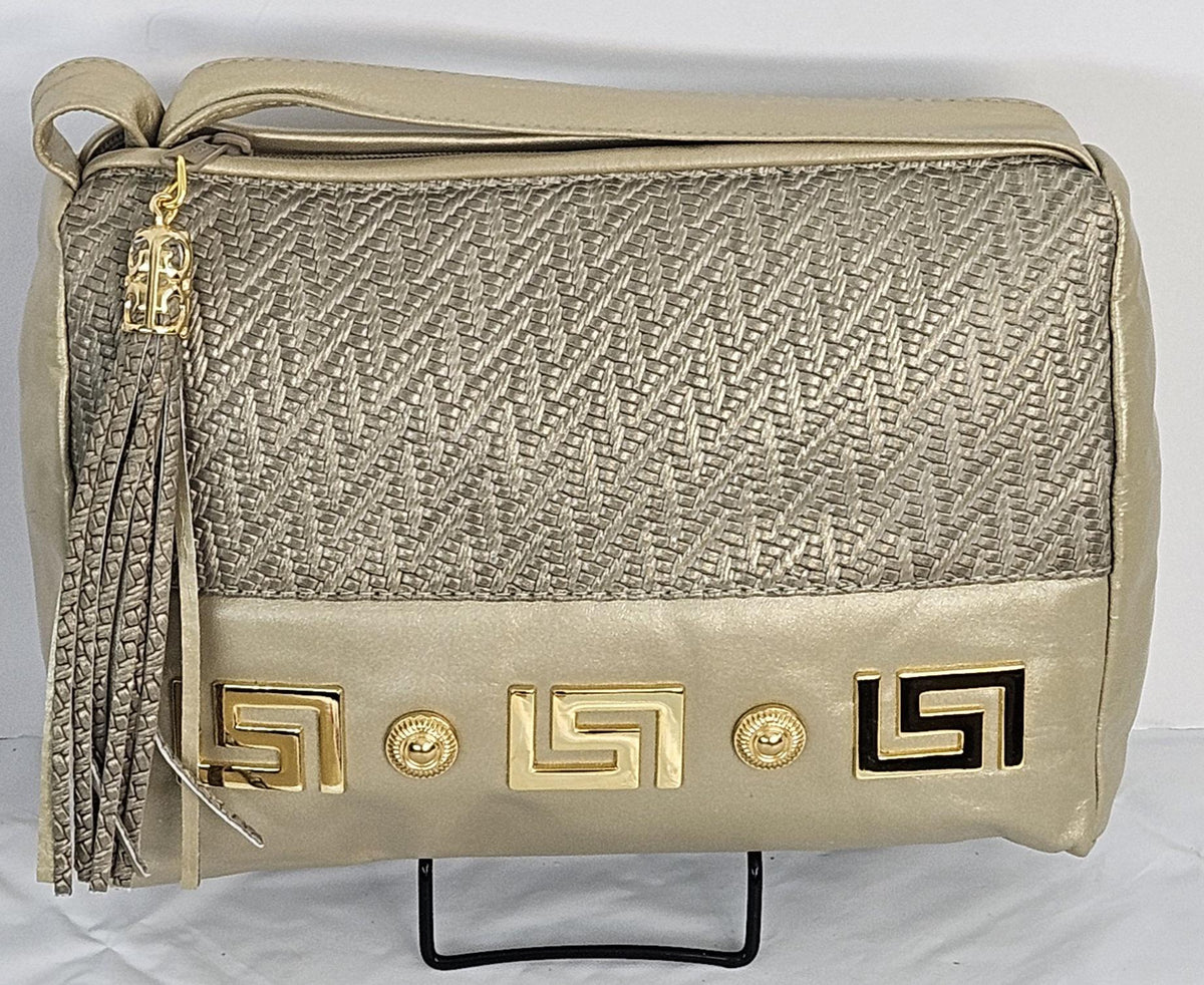 Champagne Print Genuine Leather Handbag: Gold Accents, Made in USA