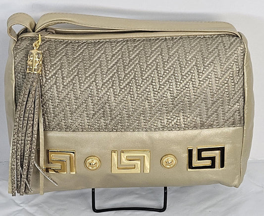 Champagne Print Genuine Leather Handbag: Gold Accents, Made in USA