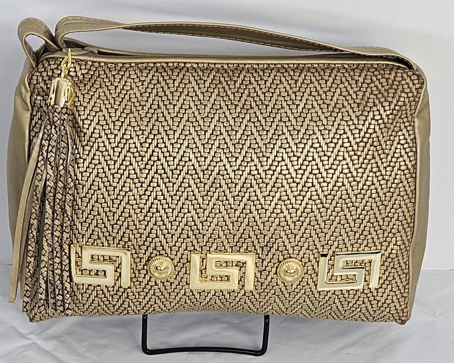 Gold mate with gold mate Print, gold matel Z&buttons design on Genuine Leather Handbag #TR2018Gm-gmzb.Made in USA.
