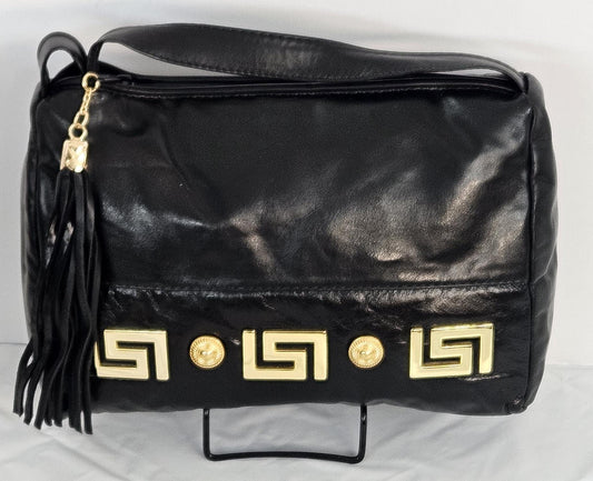 Black Genuine Leather Handbag  gold matel Z&buttons design#TR2018Bk-gmzb.Made in USA.
