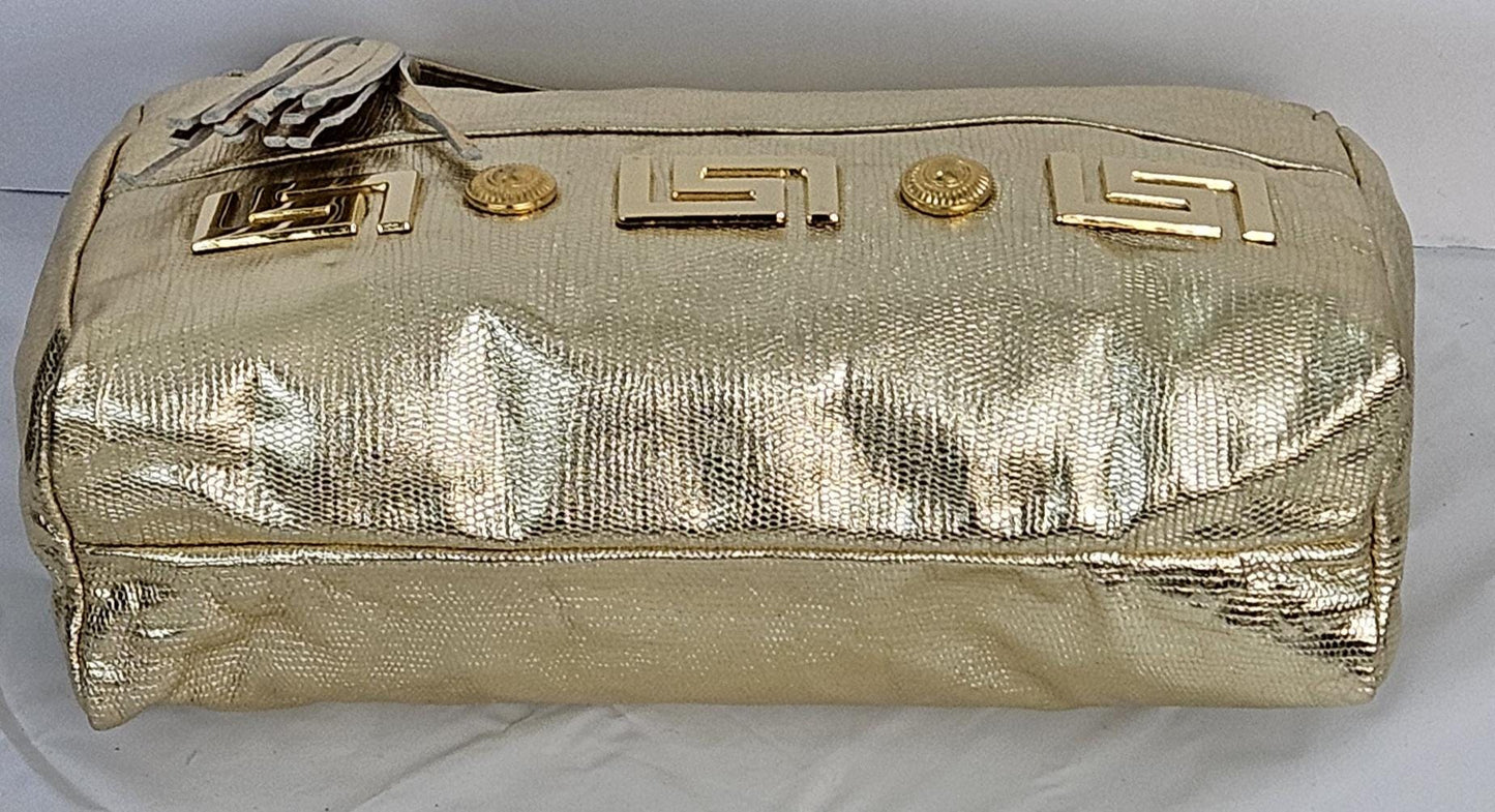 Gold metallic print, gold matel Z&buttons design on Genuine Leather Handbag #TR2018GP-gmzb.Made in USA.