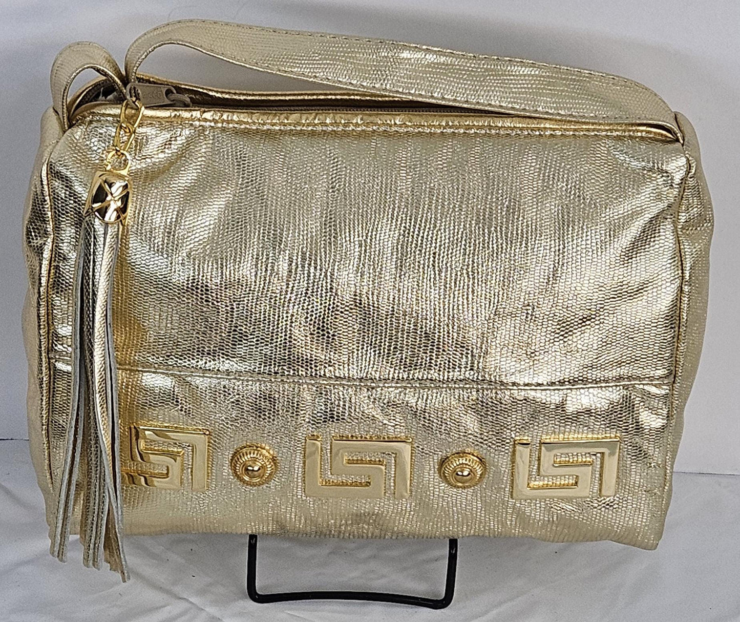 Gold metallic print, gold matel Z&buttons design on Genuine Leather Handbag #TR2018GP-gmzb.Made in USA.