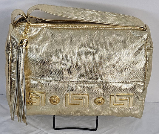Gold metallic print, gold matel Z&buttons design on Genuine Leather Handbag #TR2018GP-gmzb.Made in USA.