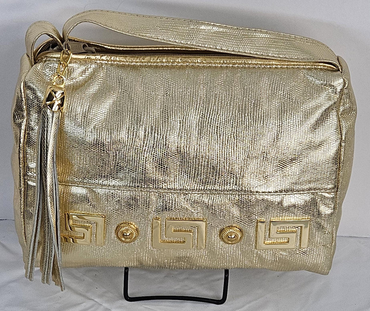 Gold Metallic Print Genuine Leather Handbag - Made in USA