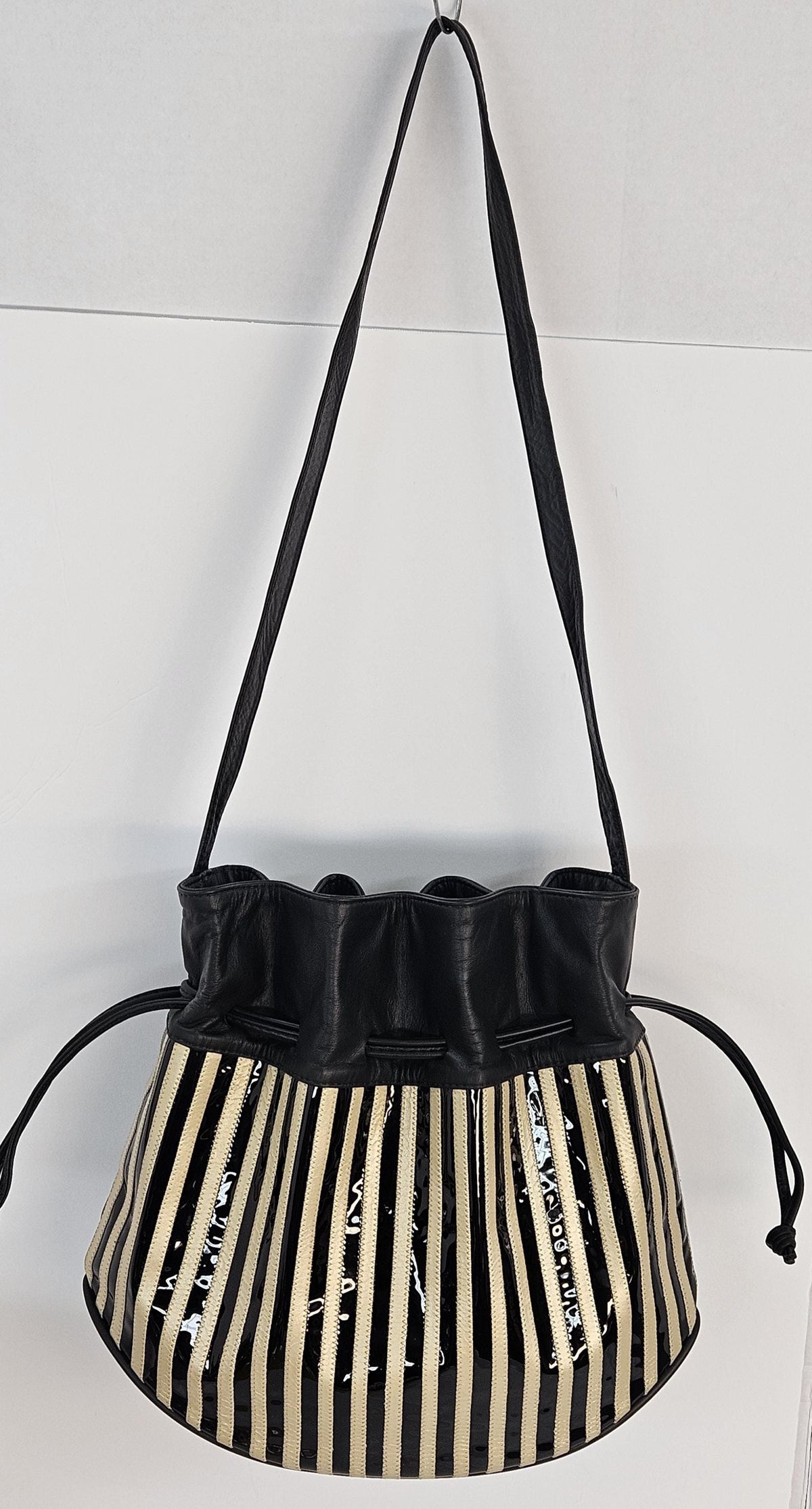 Black Striped Drawstring Shoulder Bag - Made in USA