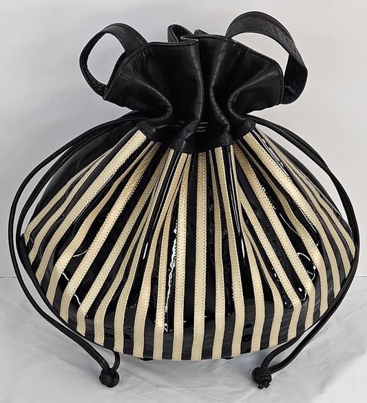 Black Striped Drawstring Shoulder Bag - Made in USA