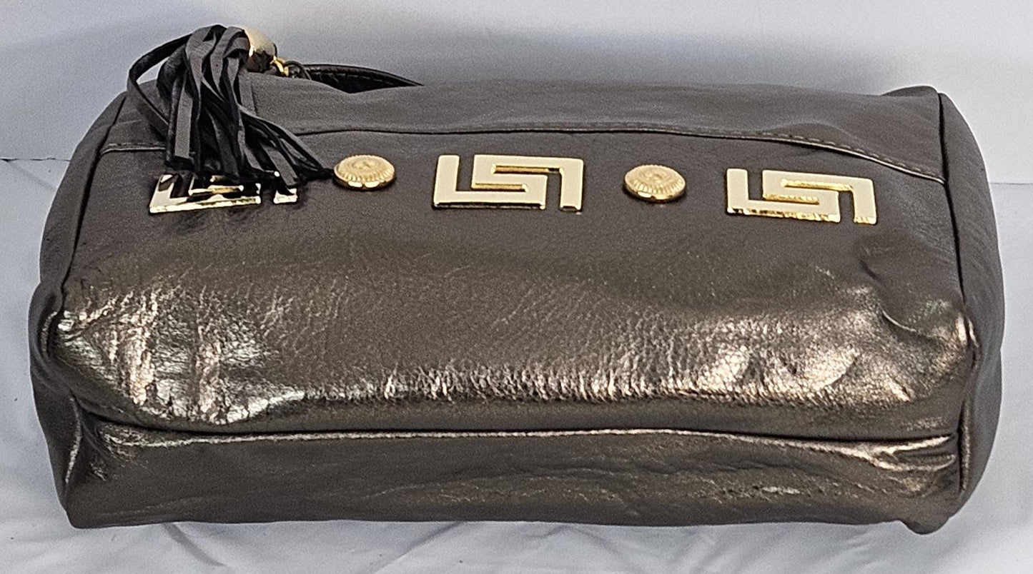 Pewter Shining Genuine Leather Handbag  gold matel Z&buttons design#TR2018P1-gmzb.Made in USA.