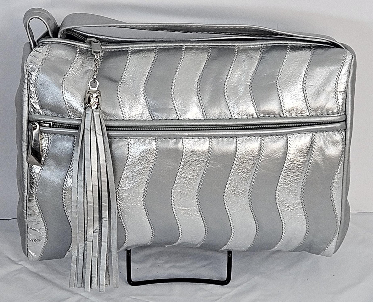 Grey Italian Leather Handbag: Silver Zigzag Crossbody Purse