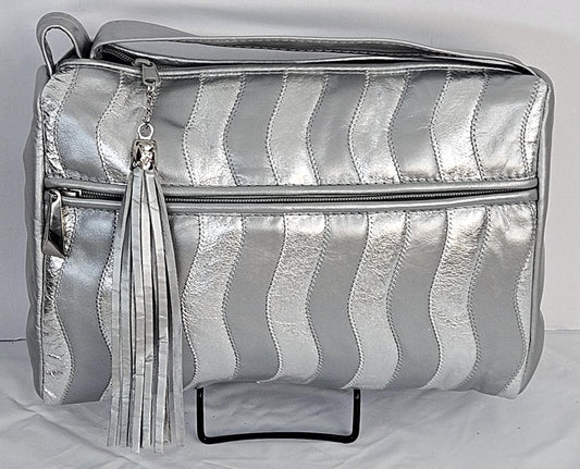 Grey Italian Leather Handbag: Silver Zigzag Crossbody Purse