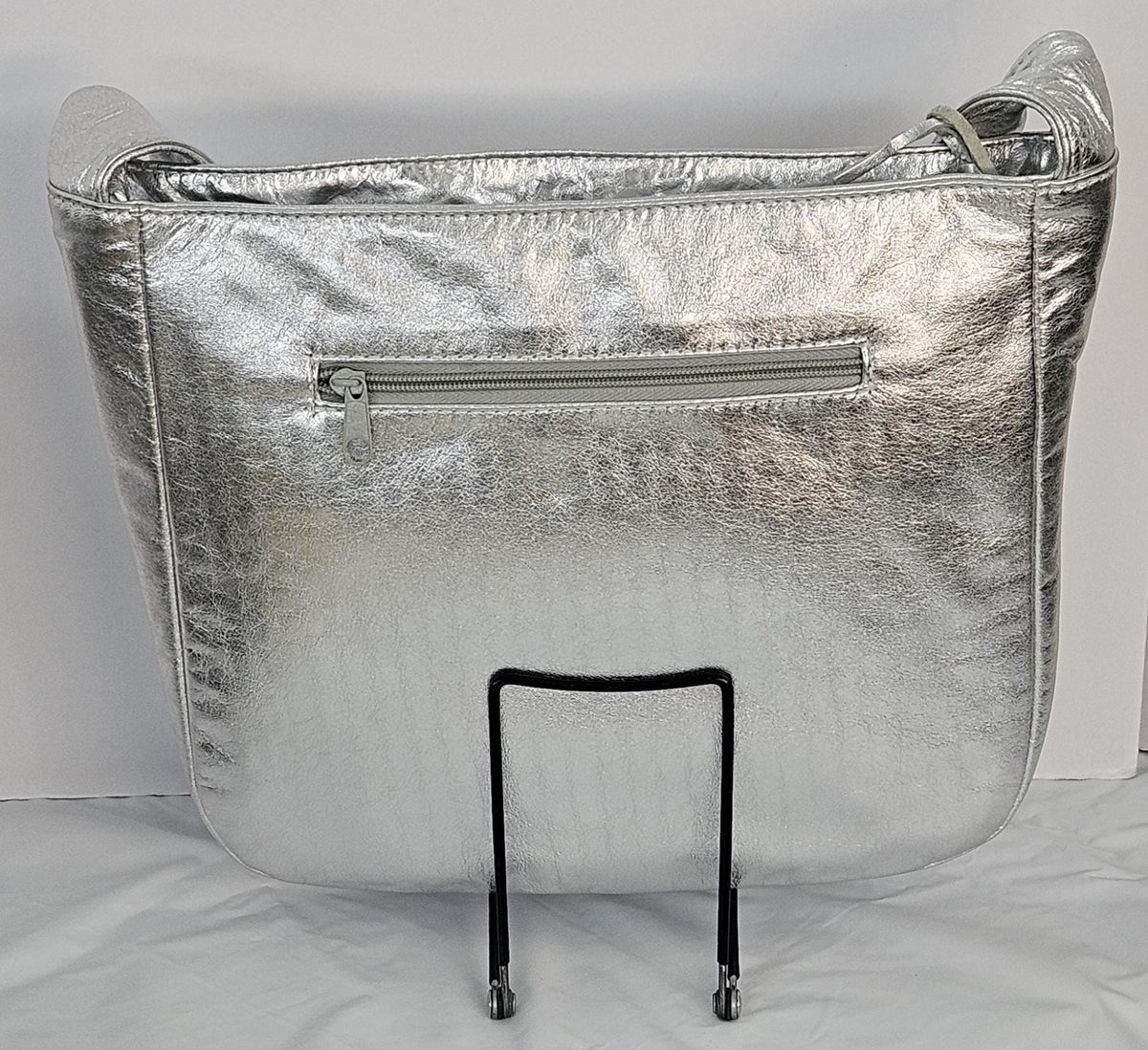 Metallic Silver Leather Handbag: Diamond Zigzag Design, Made in USA