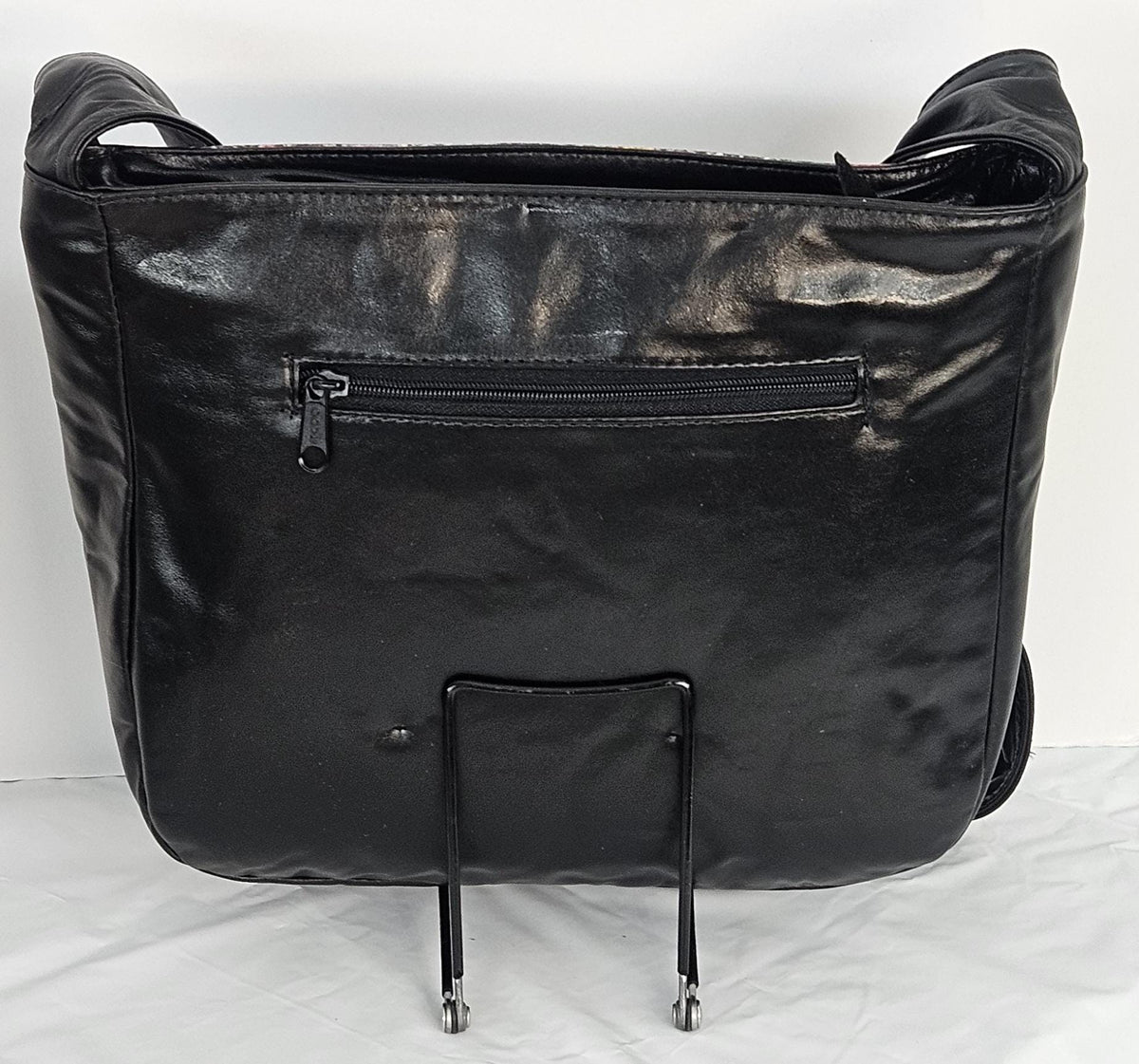 Multi Print Leather Handbag: Black & Purple, Gold Accents, Made in USA