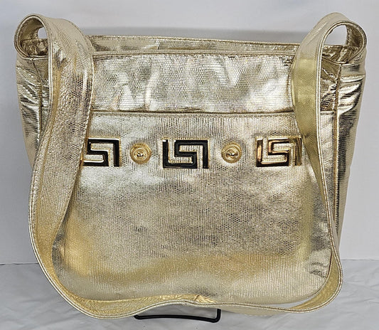 Gold Metallic Print Leather gold matel Z &buttons design.Handbag!Made in USA.#Tr8003Gmpgmz.