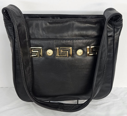 Black Leather gold matel Z &buttons design.Handbag!Made in USA.#Tr8003Bkmzb.