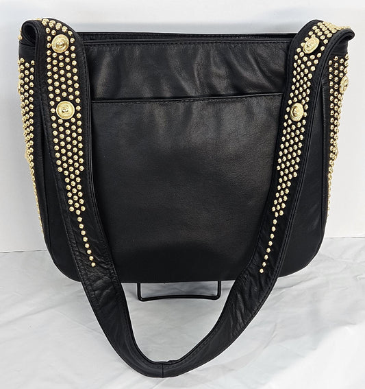 Black Leather with gold metal Studs Handbag! #Tr8003BKgs.Made in USA