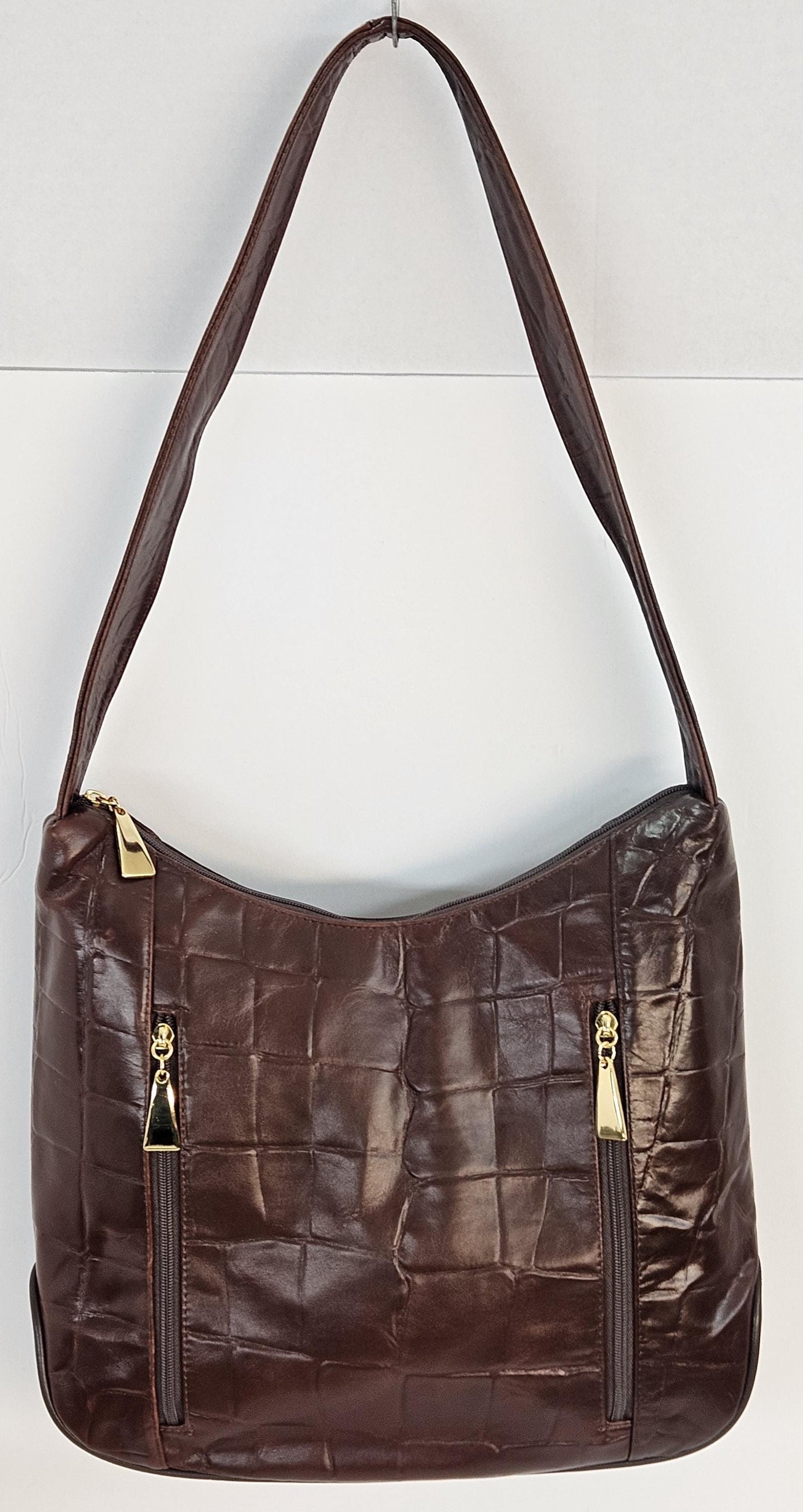 Brown wine print Genuine Leather Handbag! Item#Tr8007OstrichPrint. Made in USA!