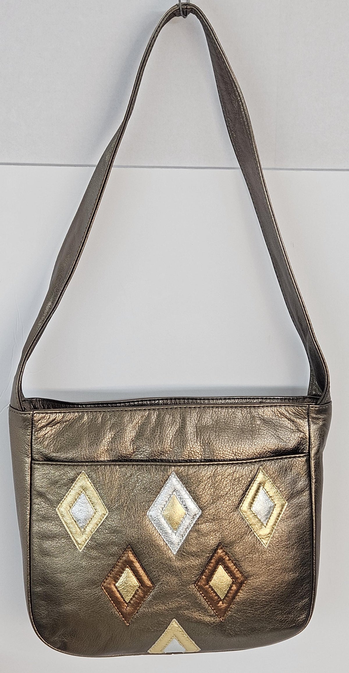 Metallic Leather Handbag: Pewter, Gold & Bronze Zigzag Stitch - Made in USA