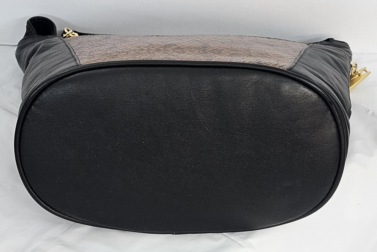 Handmade Black Leather Handbag: Black/Brown Print, Made in USA