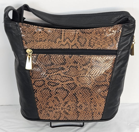 Handmade Black Leather Handbag: Black/Brown Print, Made in USA