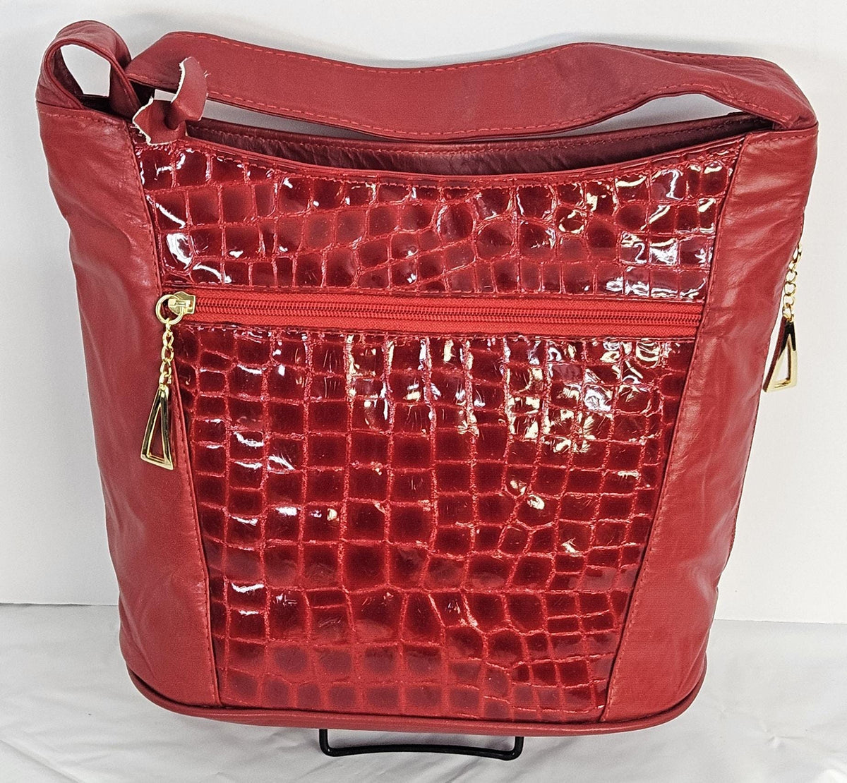 Red Printed Leather Handbag: Handmade in USA