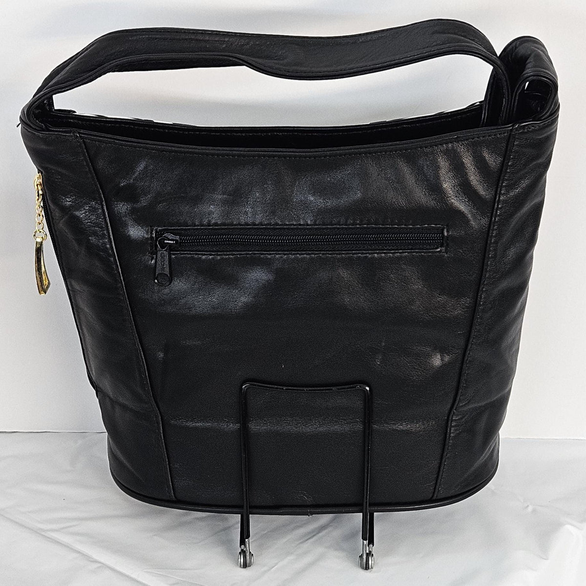 Handmade Black Leather Handbag: Black & White Print, Made in USA