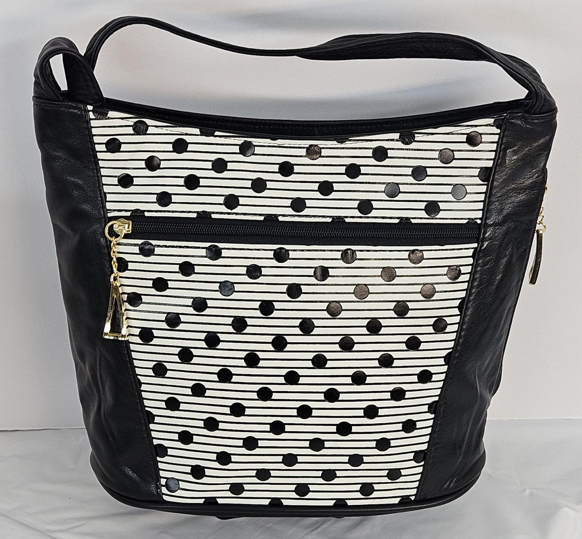 Handmade Black Leather Handbag: Black & White Print, Made in USA