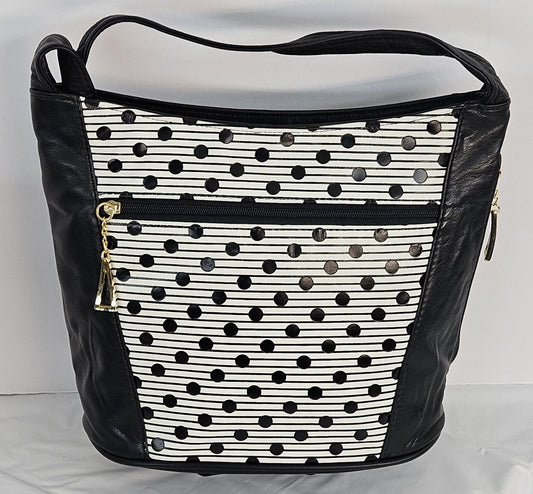 Handmade Black Leather Handbag: Black & White Print, Made in USA