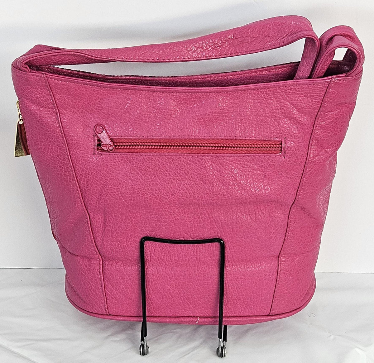 Fuchsia Leather Handbag: Gold Coin Design, Handmade in USA