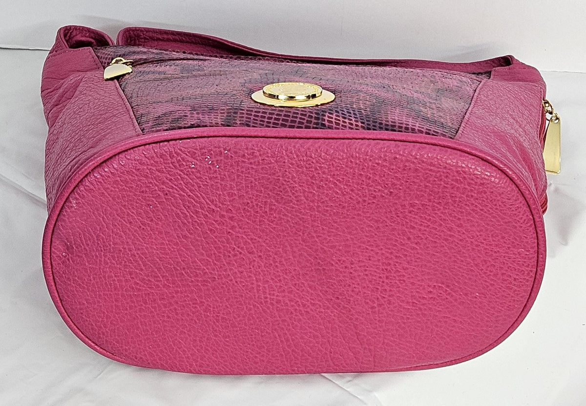 Fuchsia Leather Handbag: Gold Coin Design, Handmade in USA