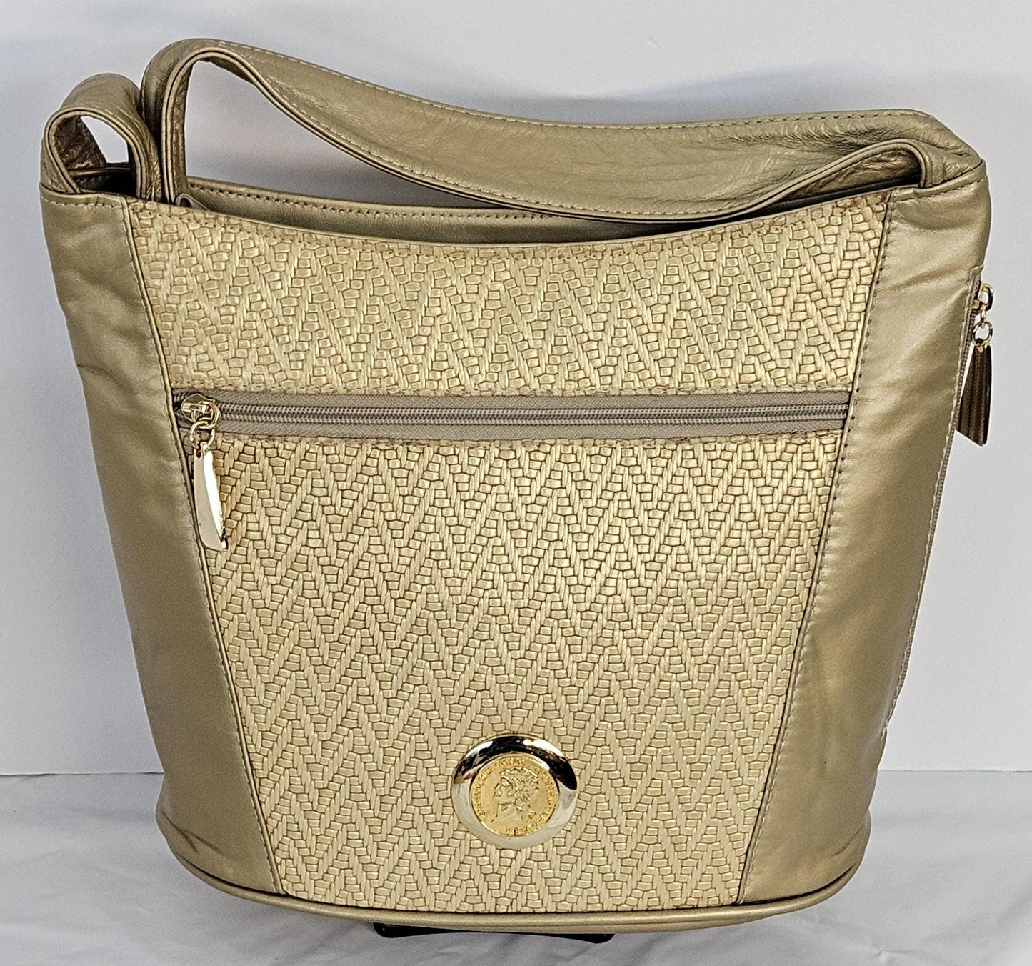 Gold mate print leather Gold matel coin design Hand Made Handbag! Made in USA!TR8006Gm-pgmc